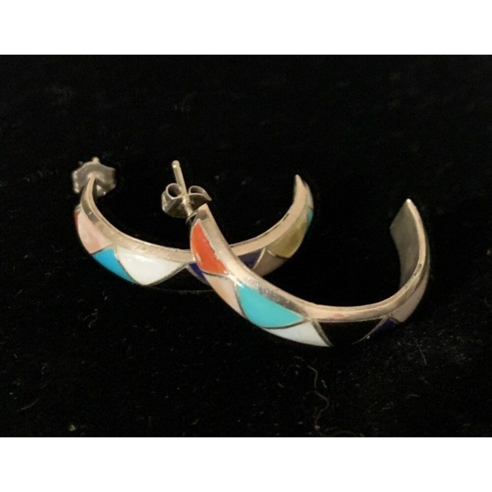 Sterling Silver Zuni Native American Multicolor Inlay Hoop Earrings